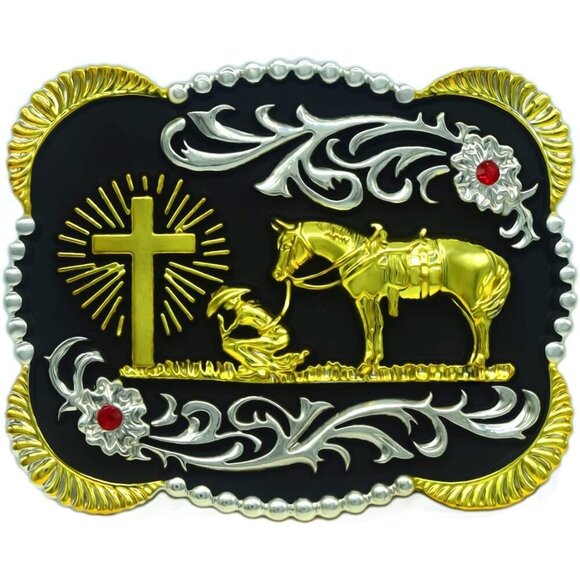 Accessories - Women Flower Golden Religion Cross Kneeling Prayer And Horse Design Belt Buckles